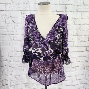 Vintage Y2K Bisou Bisou Top Medium Dark Fairy Whimsigoth Sheer Plunge V Purple